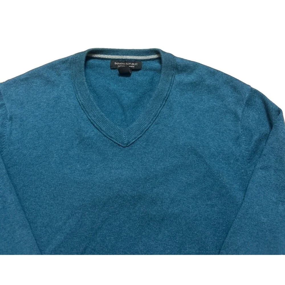 Banana Republic Men Sz M Sweater Blue Teal Cotton Cashmere V-Neck Pullover Soft